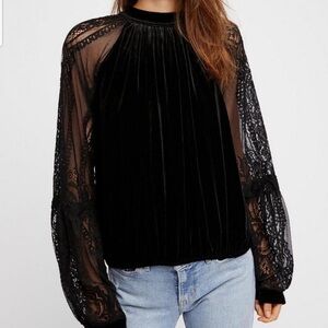 Free People Dream Team Black Velvet and Lace Long Sleeve Top M Victorian Gothic